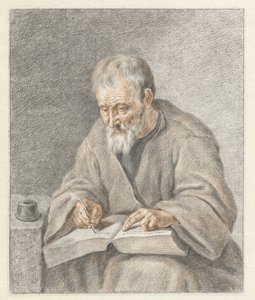 Gammel mand skriver i bog af Abraham Delfos