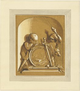 Putti stående ved medaljon med grav, i niche