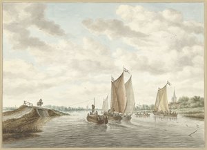 Flodlandskab med forskellige pramme af Abraham Delfos
