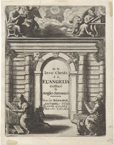 Fire evangelister omkring en port Titelside for: Junius, Franciscus og Marshall, Thomas. Quatuor D.N. Jesu Christi S.S. Evangelia Gothicè & Anglo-Saxonicè, 1665 af Abraham Dircksz. Santvoort