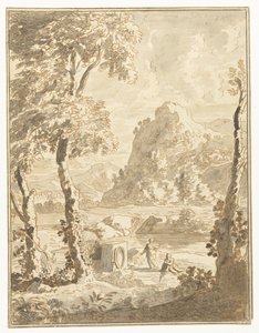 Arkadisk landskab med små figurer af Abraham Genoels (II)
