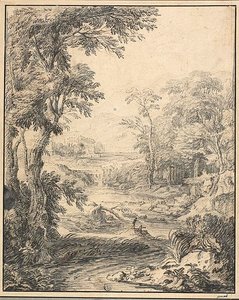 Flodlandskab med to figurer i forgrunden og et slot i det fjerne af Abraham Genoels II