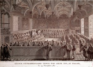 Første af den franske revolution: Ekstraordinær session afholdt af Louis XVI (1754-1793) i Versailles-slottet, 19. november af Abraham Girardet