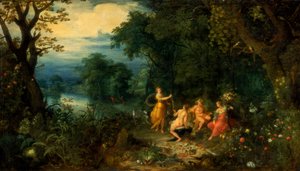 Et landskab med træ, Diana tilbyder en hare til en nymfe, Silenus og Ceres i forgrunden, c1614