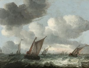 Fiskerbåde ud for kysten i et uroligt hav (olie på panel) af Abraham Hendricksz van Beyeren