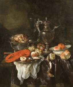 Stilleben med hummer, frugt, sølv og porcelæn, ca. 1660 (olie på lærred)