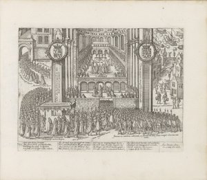Udsigt over det ydre af Westminster Abbey under kroningen af James I. af Abraham Hogenberg