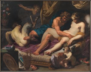 Hercules sparker faunus ud af Omfales seng af Abraham I Janssens
