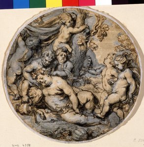 ""Bacchus endormi"" (Sovende Bacchus) Han er omgivet af putti, satyr Blæktegning af Abraham Jansz van Diepenbeeck (1596-1675) Pushkin-museet fra det 17. århundrede, Moskva