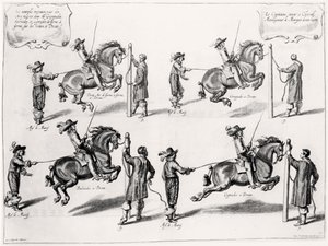 Illustration fra en ridemanual, indgraveret af Peeter Clouwet (1629-70), 1658 af Abraham Jansz. van after Diepenbeeck