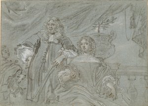 Gruppe af en siddende dame og en stående herre, knæfigurer. I baggrunden en sort afrikaner og en hund, t.h. en ballustrade af Abraham Lambertsz. van den Tempel
