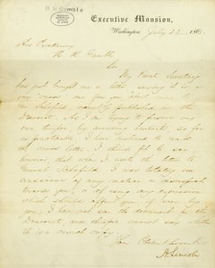 Brev underskrevet A. Lincoln, Executive Mansion, Washington, til Hans Excellence, H.R. Gamble, 23. juli 1863