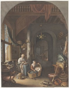 Interiør med mor og børn af Abraham Lion Zeelander