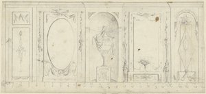 Design til rumindretning med fem paneler, den midterste med dekorativ vase af Abraham Meertens
