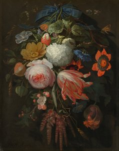 En hængende buket blomster, sandsynligvis 16651670. af Abraham Mignon