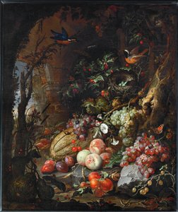 Blomster, frugt, fugle og insekter i et landskab af ruiner ... af Abraham Mignon