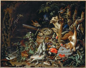 Le nid de pinsons - fisk, krybdyr og et dødt egern blandt planter og træer ... af Abraham Mignon