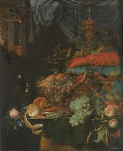 Stilleben med frugt og en guldfink af Abraham Mignon