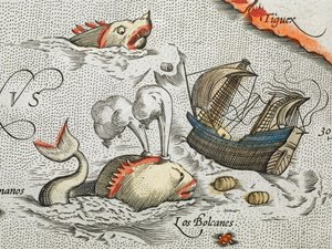 (Detalje). Sømonstre, der angriber et skib. af Abraham Ortelius