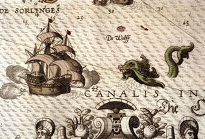 Et marinemonster, der angriber en galjon (karavel). Detalje af et kort i "Theatrum Orbis Terrarum" af Abraham Ortelius, Antwerpen 1584 af Abraham Ortelius