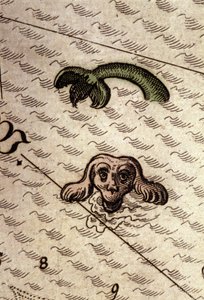 Et havmonster har et hundehoved og en fiskekrop. Detalje af et kort i "Theatrum Orbis Terrarum" af Abraham Ortelius, Antwerpen 1584. af Abraham Ortelius