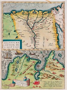 En nyere Beskrivelse af Ægypten. - Carthage Bay Type Geografisk kort over Egypten med byerne Nilen og Kartago (Tunesien) fra "Theatrum Orbis Terrarum" af Abraham Ortelius (Oertel, Ortell eller Ortel