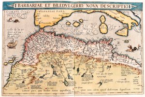 Barbariae og Biledulgerid, Ny Beskrivelse. Geografikort over det nordlige Afrika fra "Theatrum Orbis Terrarum" af Abraham Ortelius (Oertel, Ortell eller Ortel af Abraham Ortelius
