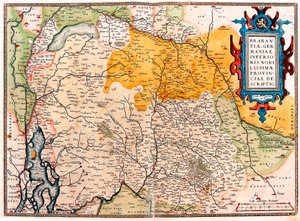 Geografisk kort over territoriet syd for Holland Germanic (Kempeland) taget fra "Theatrum Orbis Terrarum" af Abraham Ortelius (Oertel, Ortell eller Ortel af Abraham Ortelius