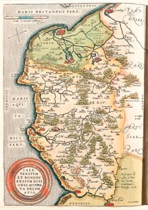 Geografisk kort over Boulonnais-territoriet (Comte de Boulogne), Artois og Fransk Flandern (Frankrig) inklusive stederne Calais, Arches, Greuelinge, Etaples og Montreuil... taget fra "Theatrum Or af Abraham Ortelius