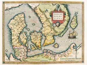 Kongeriget Danmark Type Geografikort over Danmarks og det sydlige Sveriges territorium fra "Theatrum Orbis Terrarum" af Abraham Ortelius (Oertel, Ortell eller Ortel af Abraham Ortelius