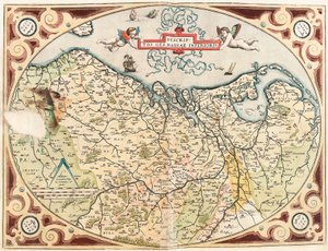 Descriptio Germaniae Inferioris Geografisk kort over det nederlandske territorium germansk fra "Theatrum Orbis Terrarum" af Abraham Ortelius (Oertel, Ortell eller Ortel af Abraham Ortelius
