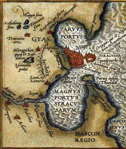 Tidligere havn i Syracuse (Sicilien) - i "" Atlas"" af Abrahm Ortelius af Abraham Ortelius