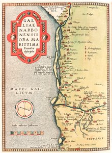 Galliae Narbonensis ora Marittima Recenter descripta Geografisk kort over Narbonnes område, der transporterer byen Narbonne til Marseille via Beziers, Montpellier, Arles af Abraham Ortelius
