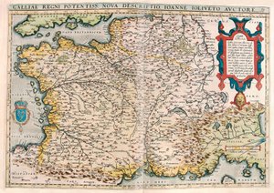 Den magtfulde i kongeriget Gallien. ny beskrivelse af John Ioliveto Geografikort over Galliens territorium (Frankrig) fra "Theatrum Orbis Terrarum" af Abraham Ortelius (Oertel, Ortell eller Ortel af Abraham Ortelius