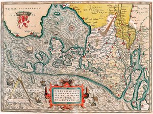 En ny beskrivelse af Hollandiae antiquorum catthorum sedis, auctore lacobo a daventria Geografisk kort over Hollands territorium med byerne Amsterdam og Haarlem... taget fra "Theatrum Orbis Terrarum" af Abraham Ortelius (Oertel, Ortell eller Orte af Abraham Ortelius
