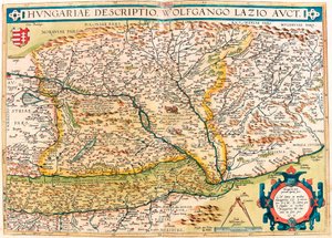 Ungarsk Beskrivelse, Wolfgango Lazio Auct. Geografikort over Ungarns territorium fra "Theatrum Orbis Terrarum" af Abraham Ortelius (Oertel, Ortell eller Ortel af Abraham Ortelius