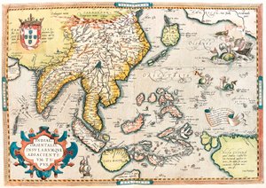 Type af Østindien og tilstødende øer. Geografisk kort over Østindien og det sydøstasiatiske område fra "Theatrum Orbis Terrarum" af Abraham Ortelius (Oertel, Ortell eller Ortel af Abraham Ortelius