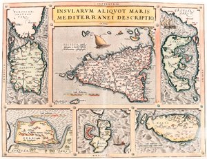 En beskrivelse af nogle øer i Middelhavet. Geografisk kort over middelhavsøerne Sicilien, Sardinien, Korfu, Malta, Djerba og Elba (Sicilien, Sardegna, Colfu, Malta Djerba, Elba) fra "Theatrum Orbis Terrarum" af Abraham Ortelius (Oertel, Ortell) af Abraham Ortelius