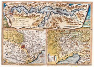 Comosøen (Italien; region: Lombardiet), Rom (Italien; region: Lazio), Triestebugten (Italien: region Friuli-Venezia Giulia; Slovenien: traditionel region Slovenian Littoral; Kroatien: Istrien County) af Abraham Ortelius