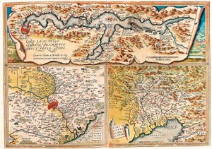 Larius Lacus Vulgo romerske territorium i Julius Forum. Geografikort over det nordlige Italien fra "Theatrum Orbis Terrarum" af Abraham Ortelius (Oertel, Ortell eller Ortel af Abraham Ortelius