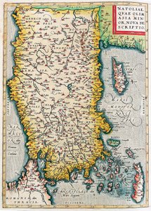 Natoliae, Quae Olim Lilleasien Nova Descriptio Geografisk kort over Lilleasiens territorium (Istanbul og Tyrkiet med øerne Rhodos og Cypern) fra "Theatrum Orbis Terrarum" af Abraham Ortelius (Oertel, Ortell eller Ortel af Abraham Ortelius