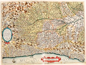 Beskrivelse af Piemonte og de nærliggende regioner af James Castaldo. Geografisk kort over Italiens territorium fra Monaco i Frankrig til Genes og passerer gennem provinserne Imperia de Savona og Genova fra "Theatrum Orbis Terrarum" af Abraham Ortelius ( af Abraham Ortelius