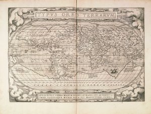 Planisphere fra Theatrum Orbis Terrarum af Abraham Ortelius, trykt i Antwerpen af Abraham Ortelius