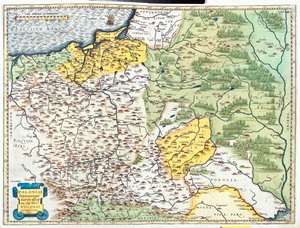 Polen, Litauen (amt: Klaipèda, Tauragè, Kaunas, Vilnius, Utena, Marijampolè, Alytus), Hviderusland (stor del, undtagen den nordlige Vitebsk-region), det sydvestlige Rusland, det vestlige Ukraine, det nordlige Moldova, Slovakiet (region: ilina, Preov) af Abraham Ortelius