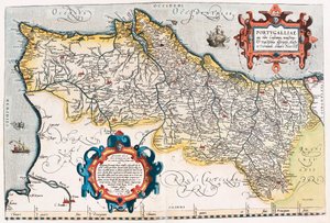 Kort over Portugals territorium fra "Theatrum Orbis Terrarum" af Abraham Ortelius (Oertel, Ortell eller Ortel). af Abraham Ortelius