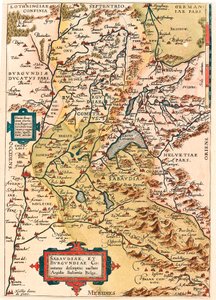 Sabaudia et Burgundiae Comitus beskrivelse Kort over territoriet Bourgogne og Savoyen (Pontarlier, Dijon, Leman-søen, Schweiz) fra "Theatrum Orbis Terrarum" af Abraham Ortelius (Oertel, Ortell eller Ortel). af Abraham Ortelius