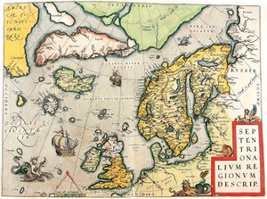 Beskriv. Geografisk kort over Skandinavien og Nordeuropa fra "Theatrum Orbis Terrarum" af Abraham Ortelius (Oertel, Ortell eller Ortel af Abraham Ortelius