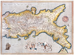 Sydlige Lazio, sydlige Marche, Abruzzo, Molise, Campasnia, Apulien, Basilicata Calabria, Italien af Abraham Ortelius