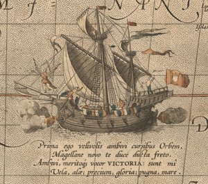 Victoria, en spansk karak, skib af Ferdinand Magellans Armada de Molucca. Aus Maris Stillehavet af Abraham Ortelius