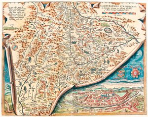 En ægte beskrivelse af byen Salzburg Geografisk kort over Salzburgs område i Østrig fra "Theatrum Orbis Terrarum" af Abraham Ortelius (Oertel, Ortell eller Ortel af Abraham Ortelius